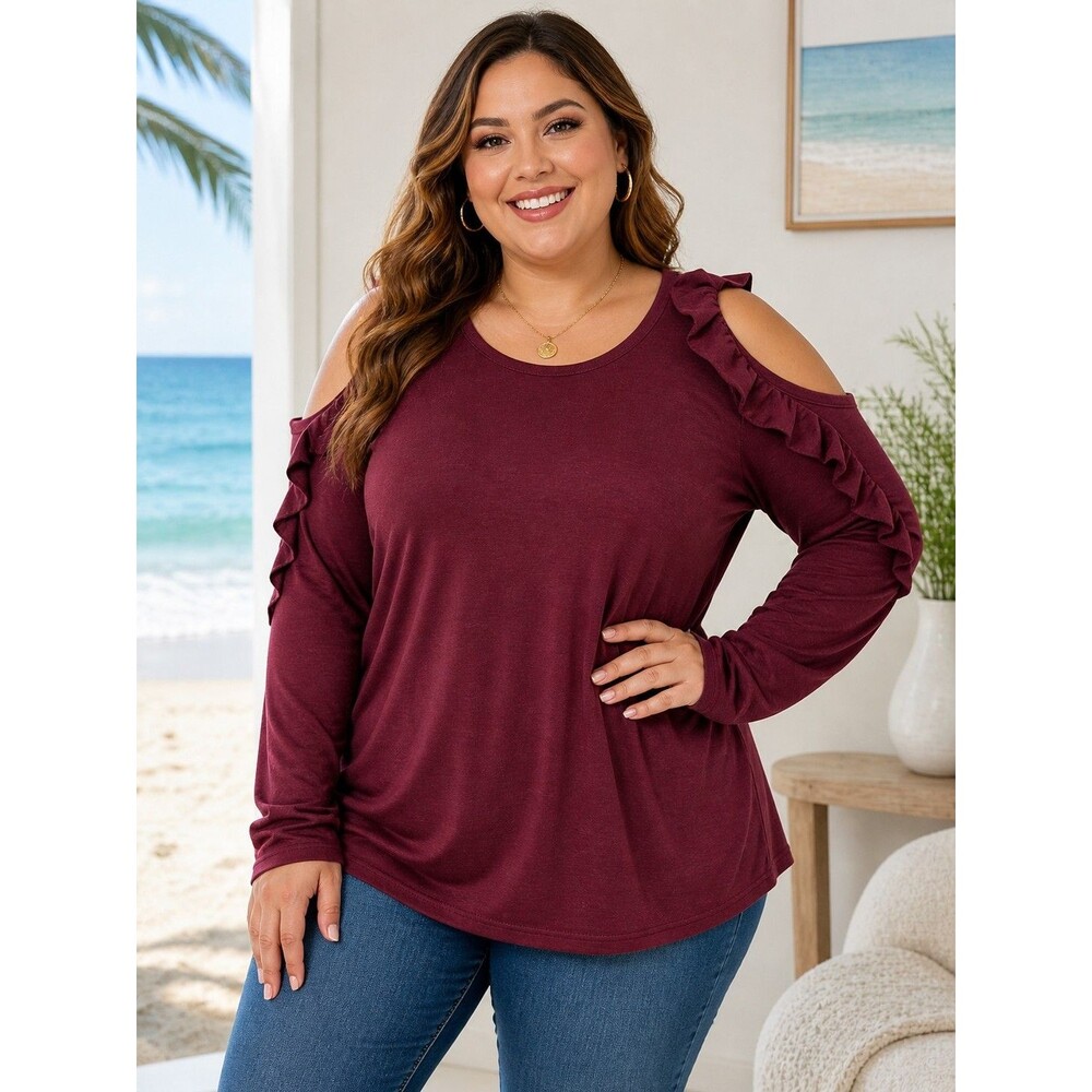 Women’s Burgundy Ruffle Shoulder Top Super Soft Long Sleeve Casual Blouse...